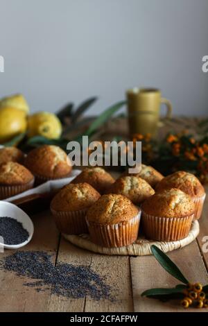 Appetizing fresh baked cupcakes on wicker stand on wooden table decorated with berries lemon and poppy seed for baking Stock Photo