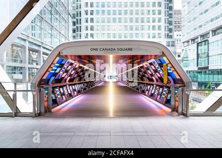Artist Camille Walala transforms Adams Plaza Bridge in Canary Wharf as part of London Mural Festival 2020, London, UK Stock Photo