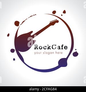 Rock cafe branding logo. Electric grunge guitar in roll music vector sign with dirty paint drops and brush strokes imitations. Art events symbol. Stock Vector