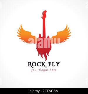 Rock star or band fly logo brand red colored. Electric guitar flies. Colorful music angel wings. Vector sign. Art events and tours symbol. Stock Vector