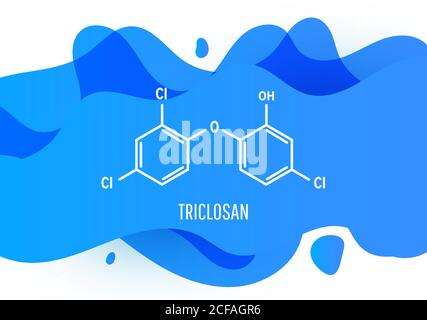 Triclosan structural chemical formula with blue liquid fluid gradient shape with copy space on white background Stock Vector