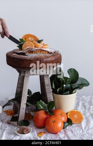 Crop anonymous person pouring sugar powder with metal round tea strainer above fresh appetizing cake on wooden stool surrounded by orange ripe tangerine and green plant in pot Stock Photo