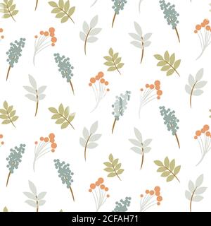 Seamless pattern with rowan berry and autumn leaves in pastel colors. Fall forest foliage and plants. Stock Vector