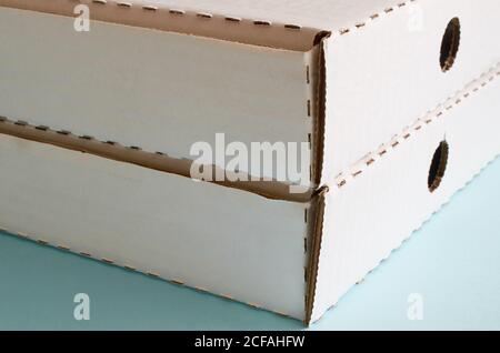 Two white cardboard pizza boxes close up Stock Photo