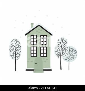 Winter urban landscape card with houses and trees. Stock Vector