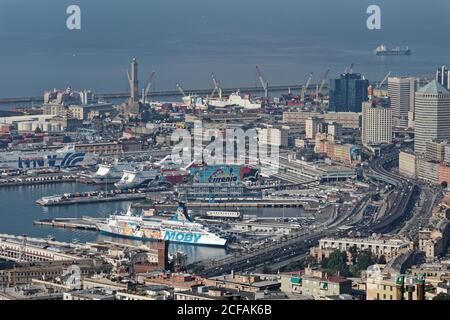 Genoa, Italy - August 6, 2018: Aerial view to the port of Genoa. Stock Photo