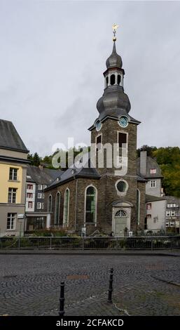 View from the german city called Monschau with the protestant church Stock Photo