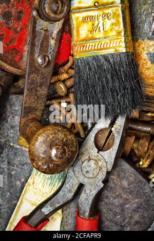 Grunge set of old and dirty manual tools Stock Photo