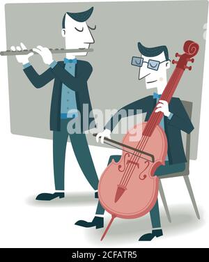 Retro style illustration of two musicians playing the cello and flute. Stock Vector