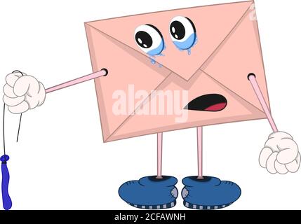 funny cartoon envelope with eyes, legs and hands holding a blue deflated balloon and crying. Stock Vector
