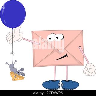 funny cartoon envelope with eyes, legs and hands looking like a little mouse flying in a balloon and holding cheese. Stock Vector