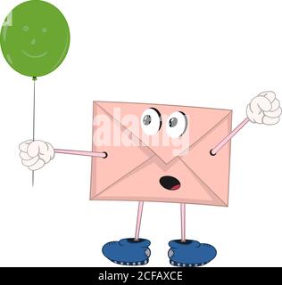 funny cartoon envelope with eyes, legs and hands holding a green balloon and rejoices. Stock Vector