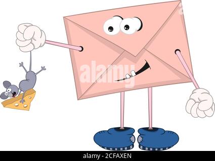funny cartoon envelope with eyes, legs and hands holding a mouse in its hand by the tail, which grabbed cheese. Stock Vector