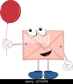 funny cartoon envelope with eyes, legs and hands holding a red balloon and smiling. Stock Vector