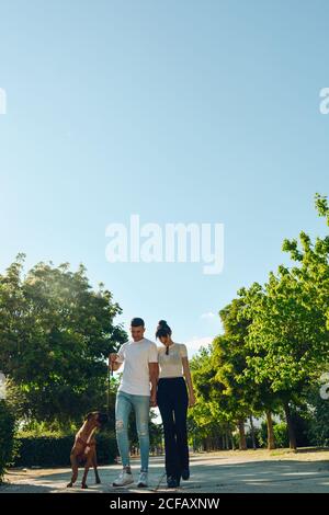 Couple walking and playing with their dog through the streets of the city Stock Photo