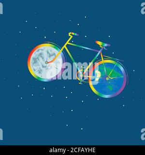 Rainbow bike one wheel planet Earth another wheel moon. Stock Vector