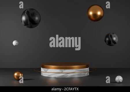 3d render empty marble and copper podium on black background with marble and copper sphere. Stock Photo