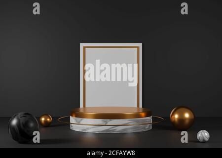 3d render empty marble and copper podium on black background with marble and copper sphere. Stock Photo