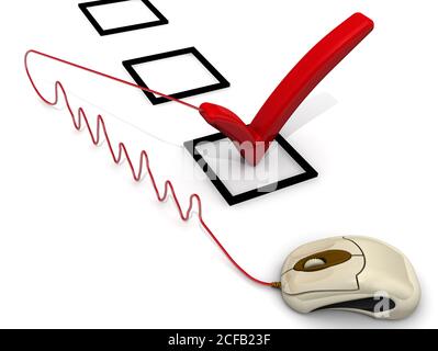 Internet voting. Red check mark in check box connected to computer mouse on white background. 3D illustration Stock Photo