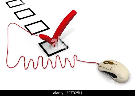 Internet voting. Red check mark in check box connected to computer mouse on white background. 3D illustration Stock Photo