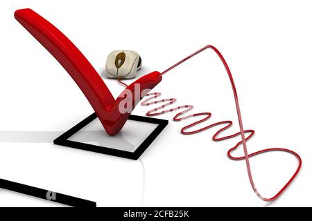 Internet voting. Red check mark in check box connected to computer mouse on white background. 3D illustration Stock Photo