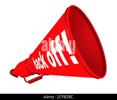 Back off! Labeled megaphone. Red horn with white text BACK OFF! Isolated. 3D Illustration Stock Photo
