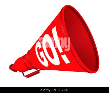 Go! Red labeled megaphone. Red megaphone with white word GO! on a white background. Isolated. 3D Illustration Stock Photo