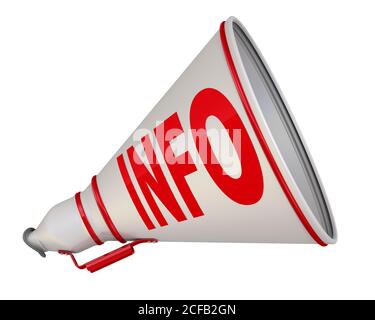 Information. White megaphone with red word INFO on a white background. Isolated. 3D Illustration Stock Photo