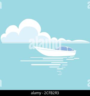 Summer seascape. Beautiful white boat on the horizon surrounded by blue sky and sea waves. Stock Vector