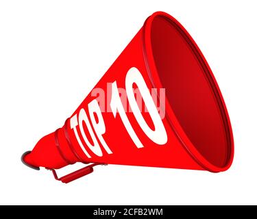 TOP 10. Labeled horn. The red megaphone with white text TOP 10. Isolated. 3D Illustration Stock Photo