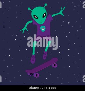 Funny aliens on skateboard. Stock Vector