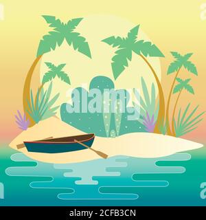 Summer seascape. Small island of jungle, palm trees, boat with oars on the shore. Stock Vector