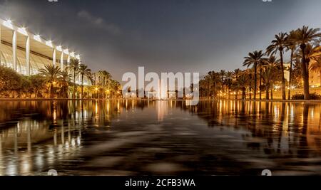 Beautiful shot of a park lake with fountain and palm trees and lights reflected in water Stock Photo