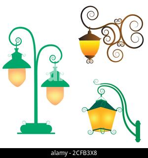 Collection street lamps isolated white background. Figured forged street lights Stock Vector