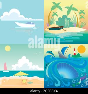 Set tropical seascape with boats beach. Stock Vector