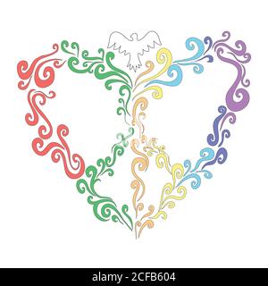 Pastel rainbow heart of twisted lines with pigeons Stock Vector