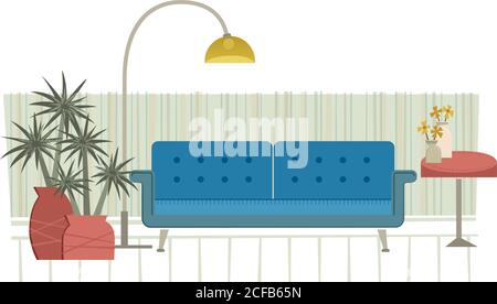 Retro style illustration of various furniture in a living room. Stock Vector