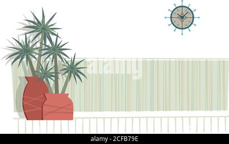 Retro style illustration of some pots together to a wall with clock. Stock Vector