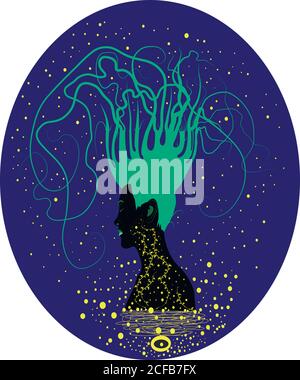 silhouette of a girl with hair in the form of branches turquoise Stock Vector