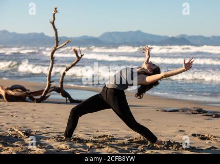 Young dancer posing near tree trunk on sand coast with waving sea and blue sky Stock Photo