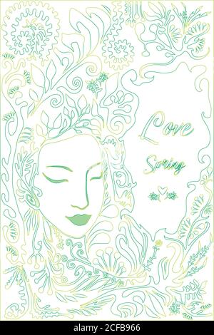 Fantasy,surreal,forest, girl fac, background leaves Stock Vector