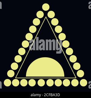 Yellow triangle consisting circle, line, isolated black background. Stock Vector