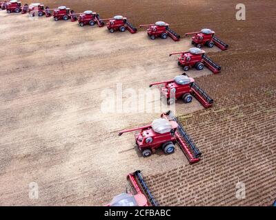 Mato Grosso, Brazil, March 02, 2008: Aerial view of soybeans harvesting at Fartura Farm, in Mato Grosso state, Brazil. Brazil is the most soy producer worldwide Stock Photo