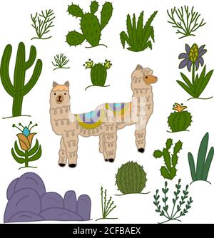 Set of cute cartoon alpacas and cactuses on a white background in vector graphics. For the design of covers, wrapping paper, prints for textiles Stock Vector