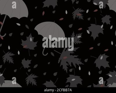 Autumn seamless pattern with umbrellas and leaves. Falling leaves, leaf fall. Colorful umbrellas from the rain. Background for surfaces, printing on p Stock Vector