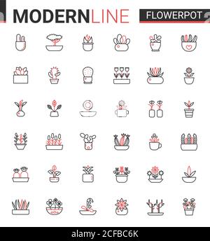Flower pots for home garden flat thin red black line icon vector illustration set. Flowerpots outline pictogram gardening decoration symbols, linear florist decor collection with potted plants or tree Stock Vector