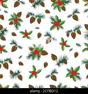 Beautiful festive seamless background, cones, pine branches, hol Stock Vector