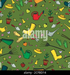 Colorful funny cartoon garden seamless pattern, on a green backg Stock Vector