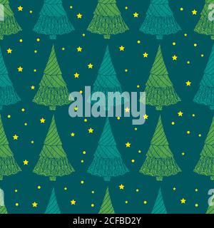 Festive Christmas seamless pattern, decorative fir-tree and star Stock Vector