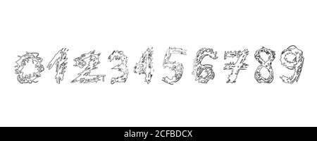 Drawn decorative set of black white numbers from zero to nine, c Stock Vector